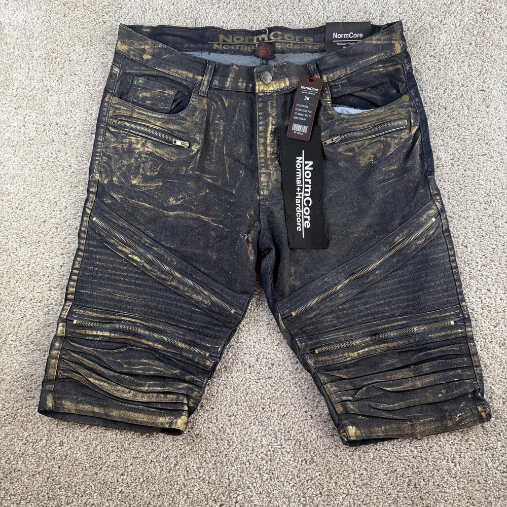 NormCore Denim Shorts Mens 36 Gold Foil Biker Modern Slim Fit Zipper Moto